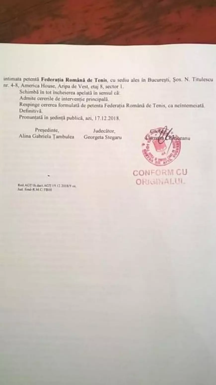 Motivarea deciziei definitive a Curții de Apel în dosarul anulării înscrierii mandatelor conducerii FR Tenis. ”Cosac este gata”!