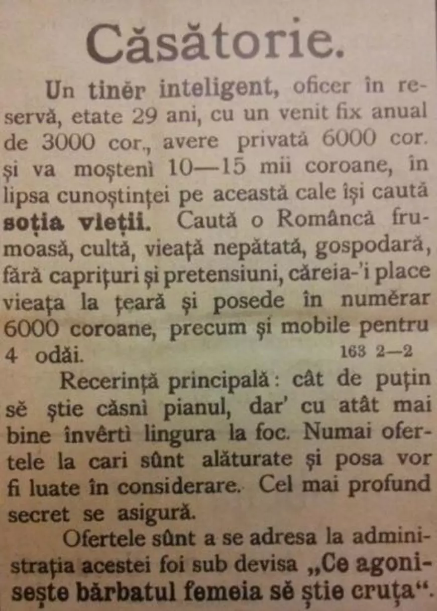 FOTO | Anunţul matrimonial publicat de un tânăr ofiţer român în urmă cu mai bine de 100 de ani: "Româncă frumoasă, cultă, vieaţă nepătată..."