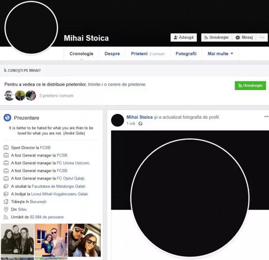 Pagina de Facebook a lui Mihai Stoica, cuprinsă de doliu