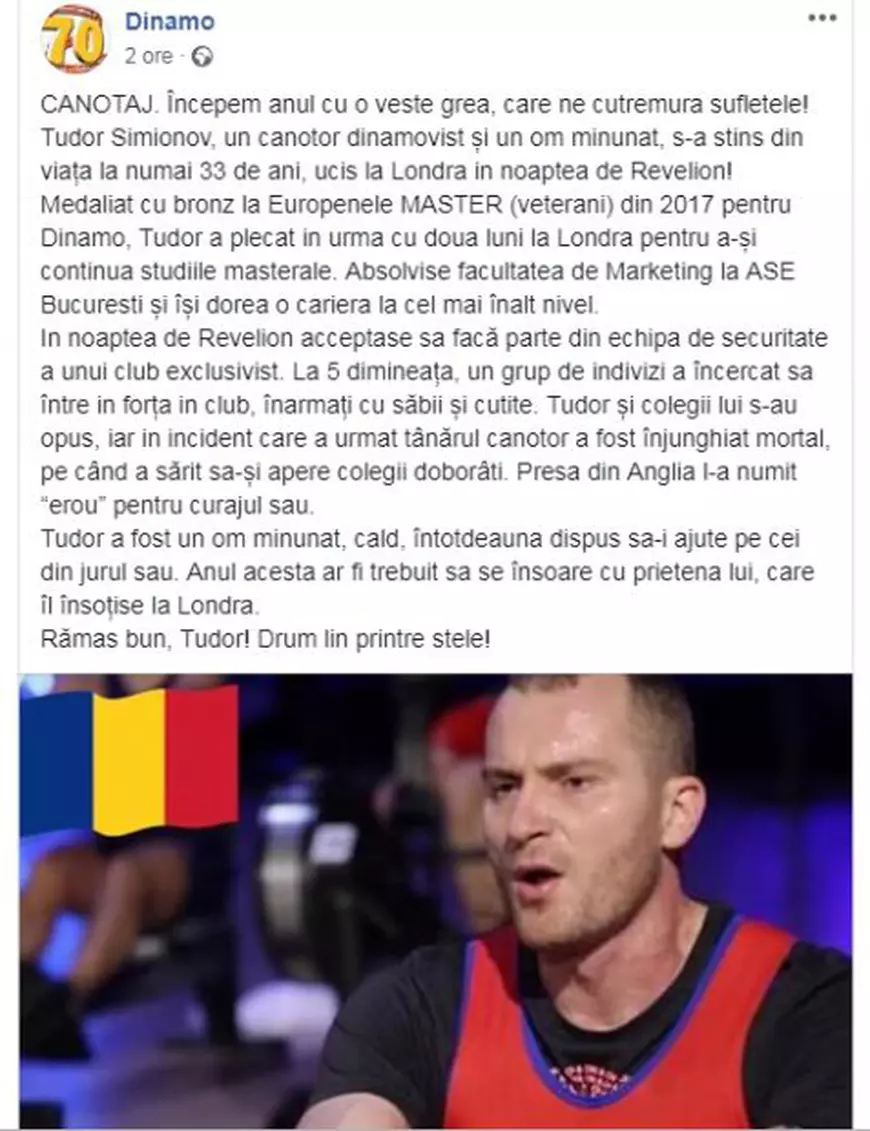 Tudor Simionov, românul ucis la Londra, fusese canotor la Dinamo. S-a dus acolo pentru un master