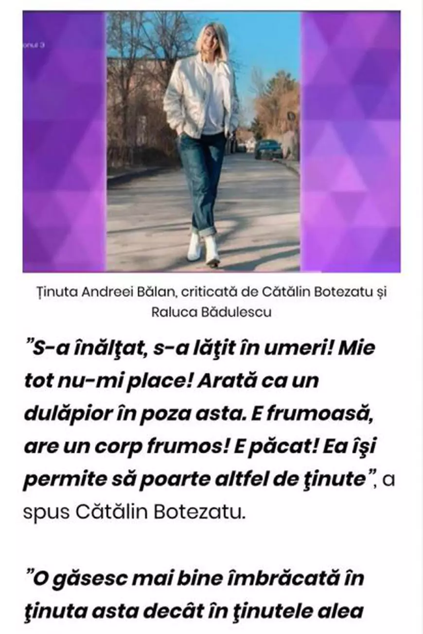Andreea Bălan îi dă replica lui Cătălin Botezatu după ce i-a criticat ținuta. “Mi se pare o totală lipsă de educație“