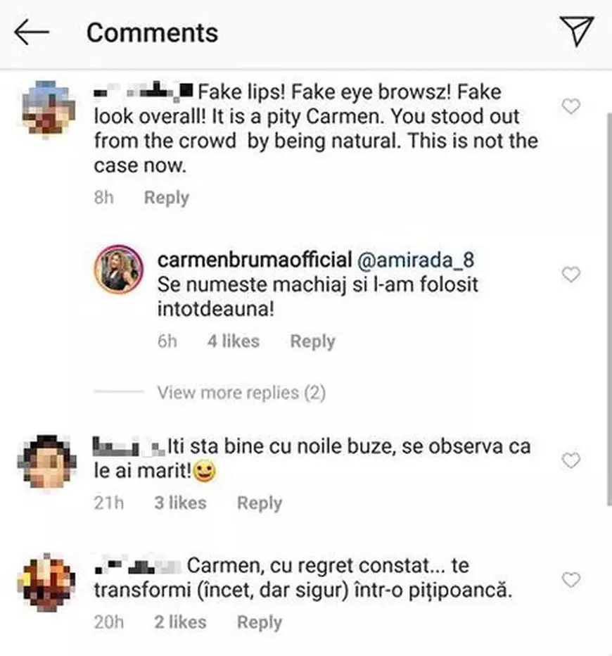 Carmen Brumă, atacată de fani. "Buze false, sprâncene false, totul fals"