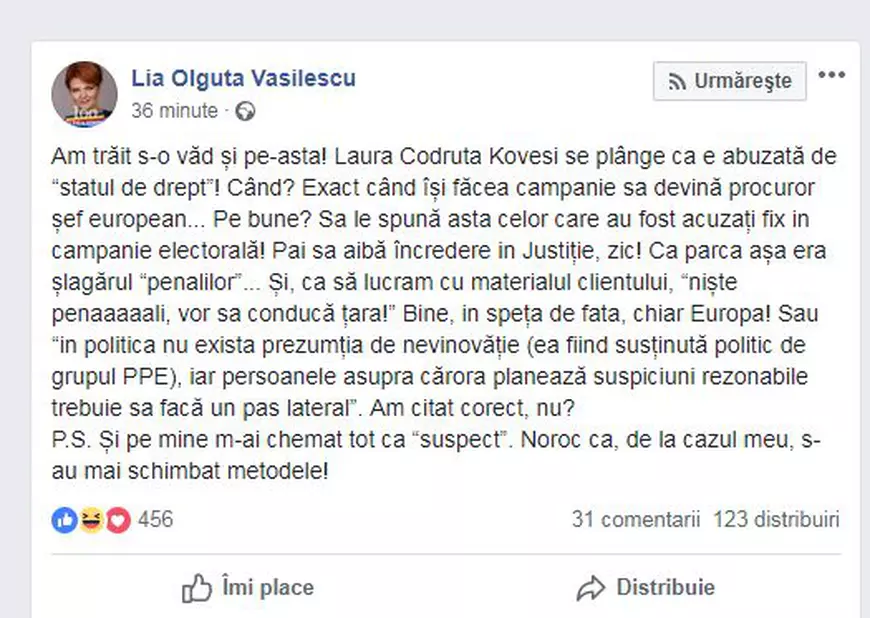 Lia Olguţa Vasilescu, după ce Kovesi a fost citată ca suspect la Secţia de investigare a infracţiunilor din Justiţie: „Am trăit s-o văd și pe-asta! Se plânge că e abuzată de «statul de drept»!"