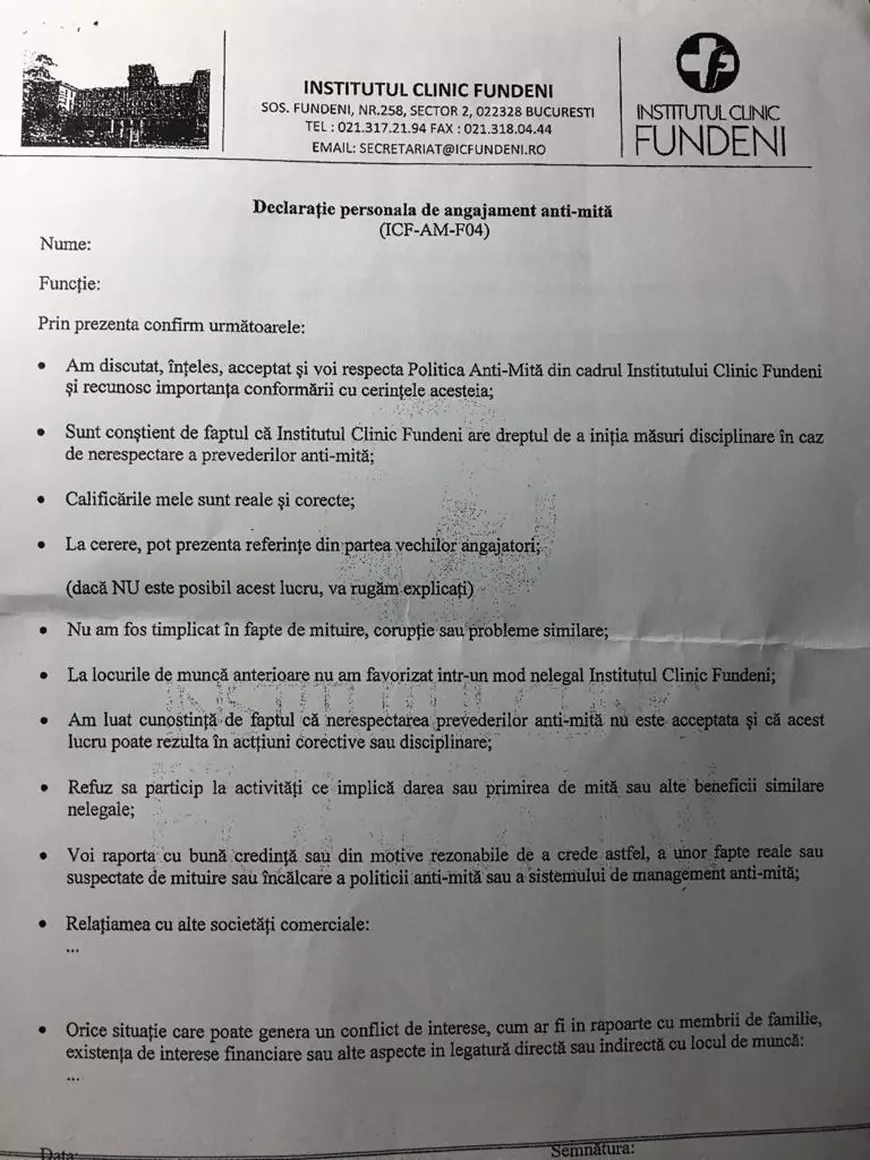 Medicilor de la Spitalul Fundeni li se cere să semneze un „Angajament anti-mită”!