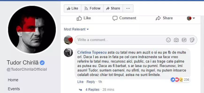 Cristina Țopescu îl apără pe Tudor Chirilă, după ce actorul a fost implicat într-o altercație: „Daca l-aș avea în față pe cel care îndrăznește să facă vreo referire la tatăl meu...”