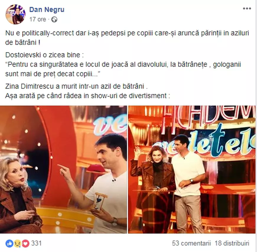 Dan Negru l-a criticat dur pe fiul Zinei Dumitrescu: "I-aș pedepsi pe copiii care-și aruncă părinții în aziluri"