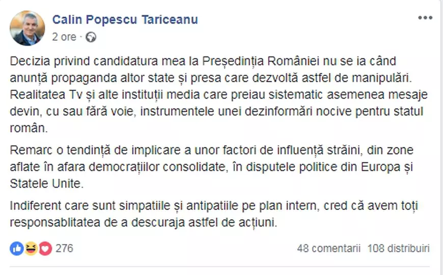 Mesajul lui Călin Popescu Tăriceanu despre candidatura lui la Președinția României
