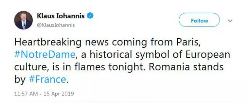 Macron, la Catedrala Notre-Dame: "Emoții pentru toată națiunea"! Mesajele transmise de liderii de stat în urma incendiului devastator din Paris