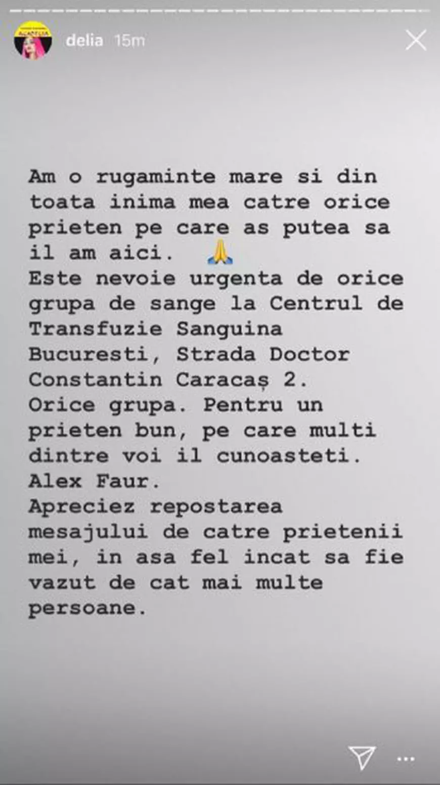 Delia, apel disperat pentru un prieten grav bolnav. „Este nevoie urgentă”