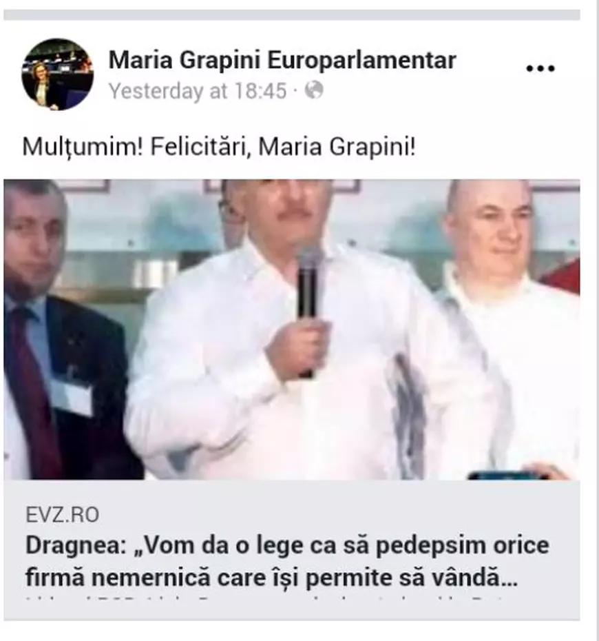 Maria Grapini s-a lăudat singură pe Facebook. ”Mulțumim! Felicitări, Maria Grapini!”. Avalanșa de ironii de după mesaj