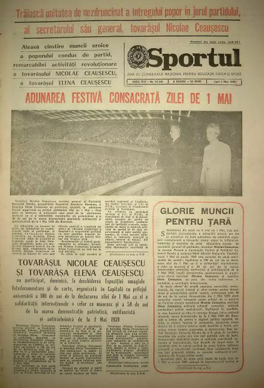Ziarul Sportul titra pe prima pagină a ediției din 1 Mai 1989 ”Adunarea festivă consacrată zile de 1 Mai”
