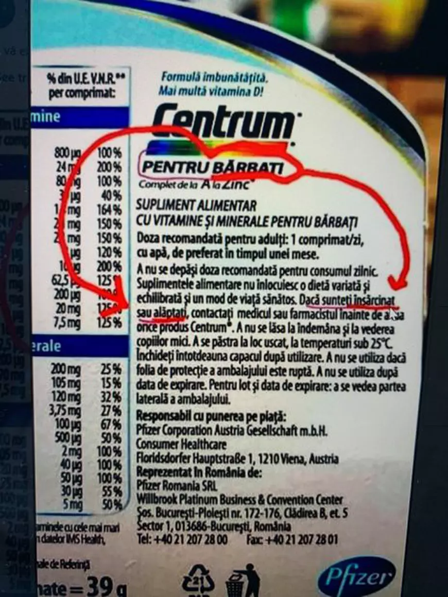 FOTO VIRAL | Recomandarea amuzantă de pe prospectul unui supliment alimentar pentru bărbați: „Dacă sunteți însărcinată sau alăptați, contactați medicul”
