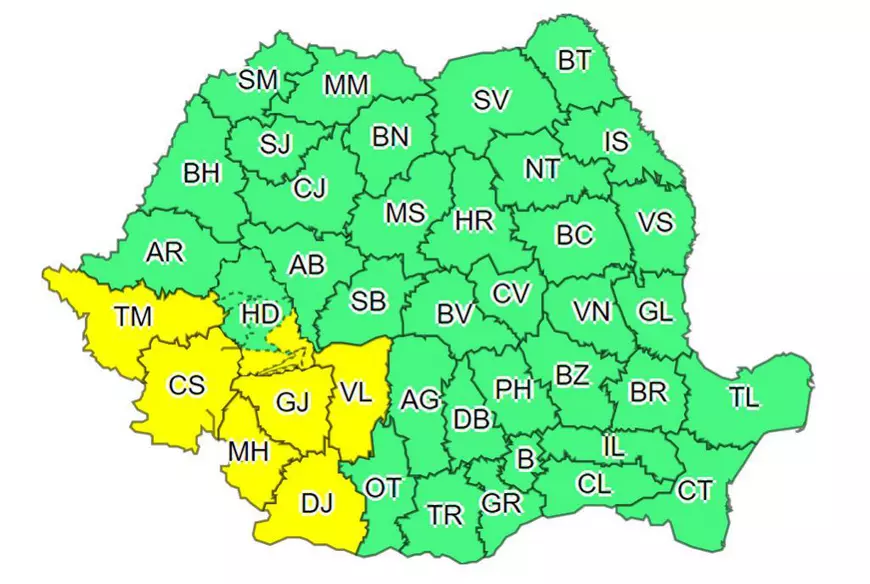 Cod galben de furtună pentru șase județe din sud-vestul țării