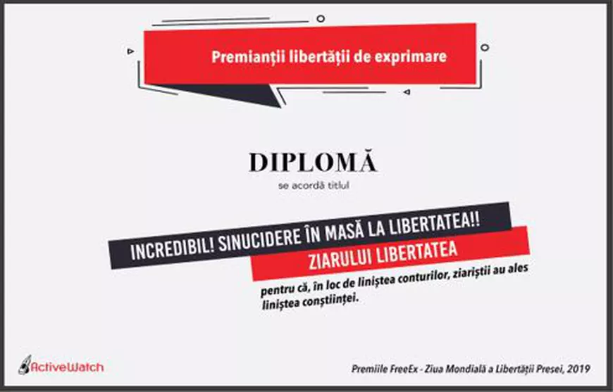 Libertatea, premiată de ActiveWatch la Gala Libertății Presei pentru investigația despre publicitatea mincinoasă din propriul ziar! 