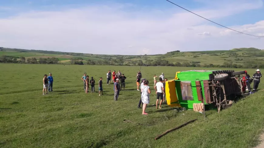 VIDEO | Nouă turiști străini s-au răsturnat cu căruța în județul Sibiu. Vizitiul era beat!