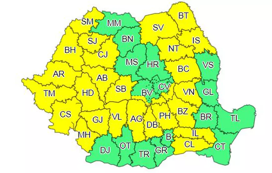 METEO: A fost prelungită avertizarea de ploi torenţiale, vijelii şi grindină. Cod galben în cea mai mare parte a ţării