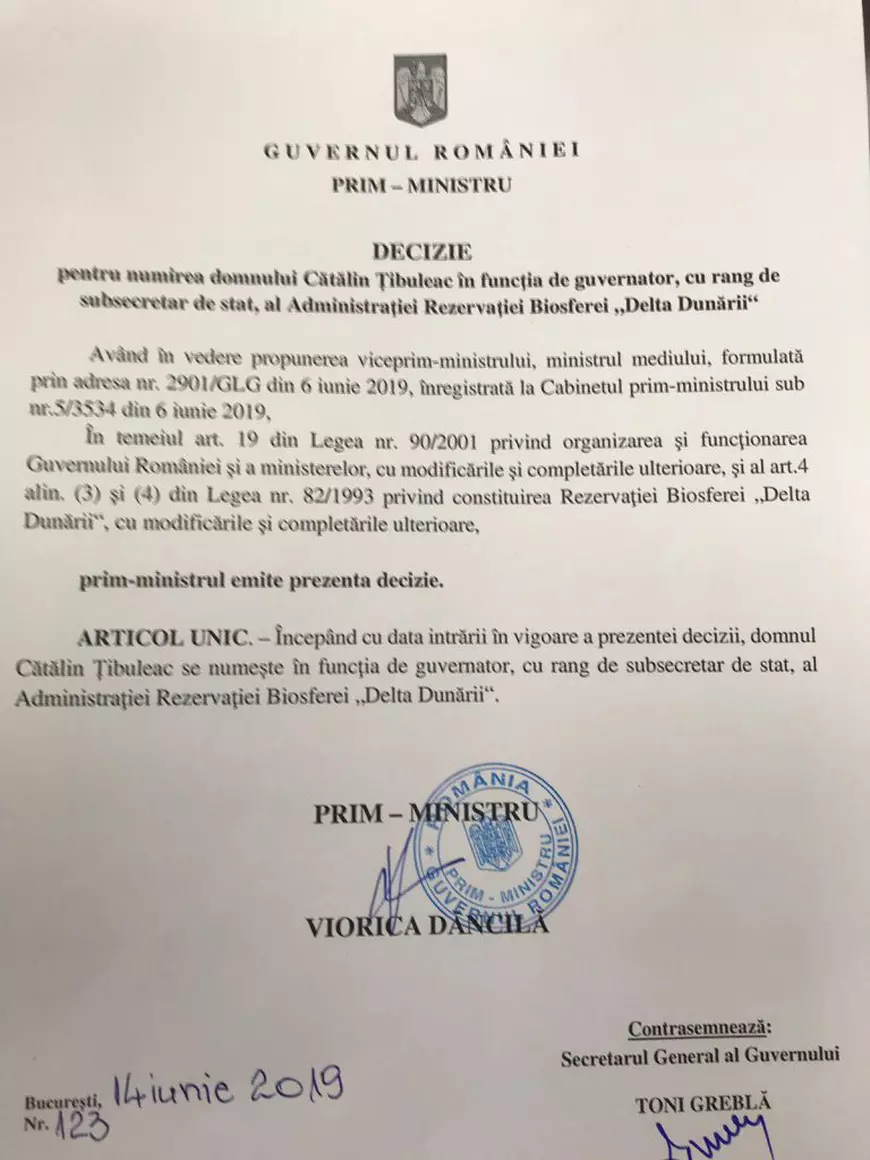 Cătălin Ţibuleac este noul guvernator al Deltei Dunării