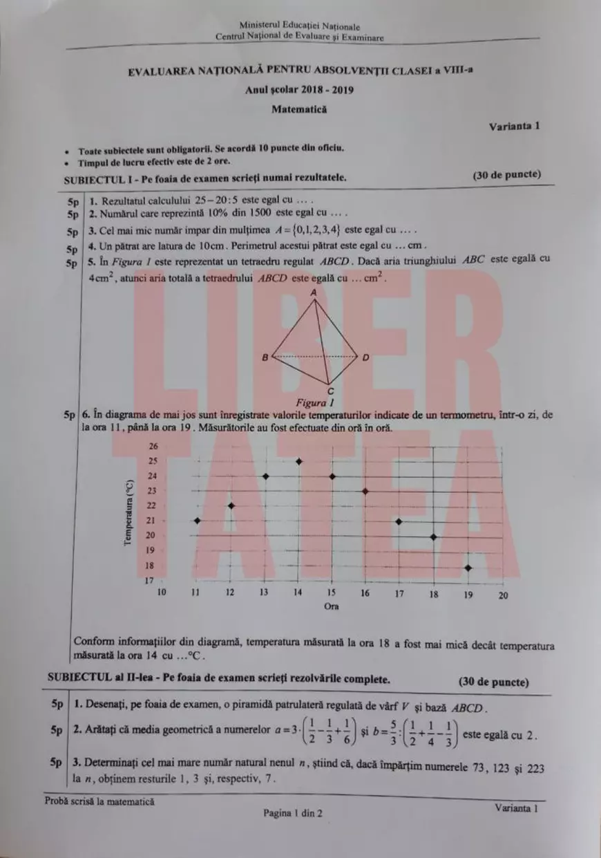 Subiecte Evaluare Națională 2019 - Matematică. Ce exerciții au avut de rezolvat elevii