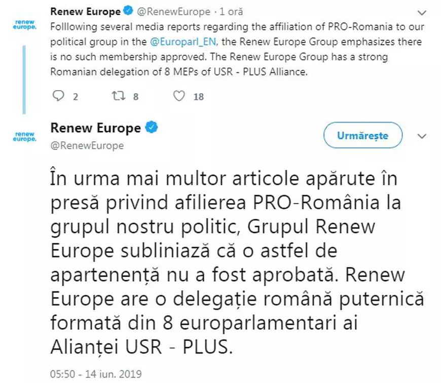 Grupul Renew Europe din Parlamentul European transmite că partidul lui Victor Ponta nu se numără printre partidele afiliate