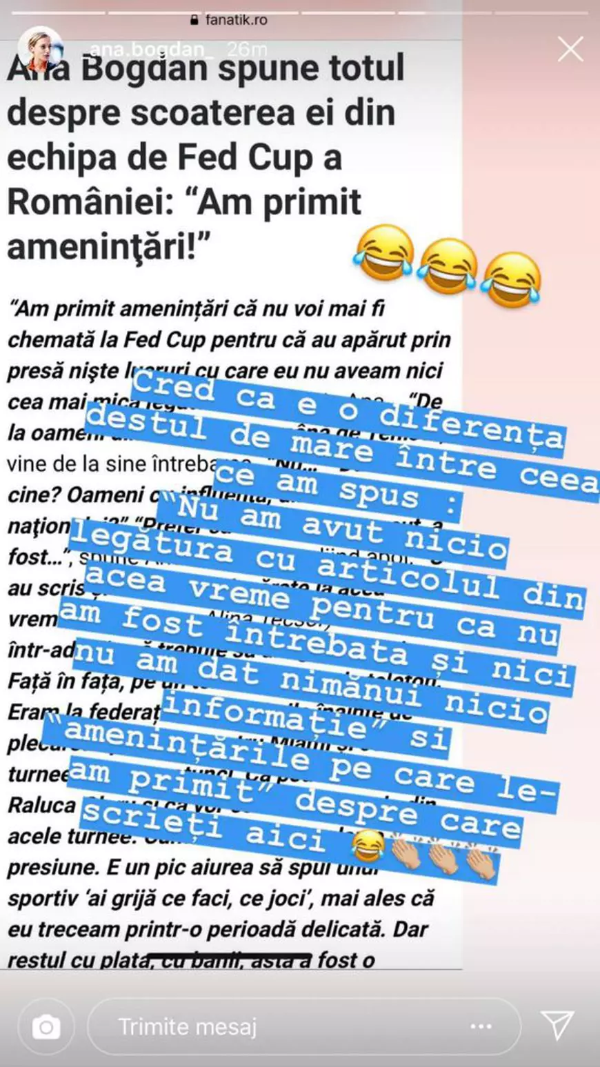 Ana Bogdan confirmă neînțelegerile cu Alina Tecșor. Libertatea a scris pe larg despre problemele jucătoarei