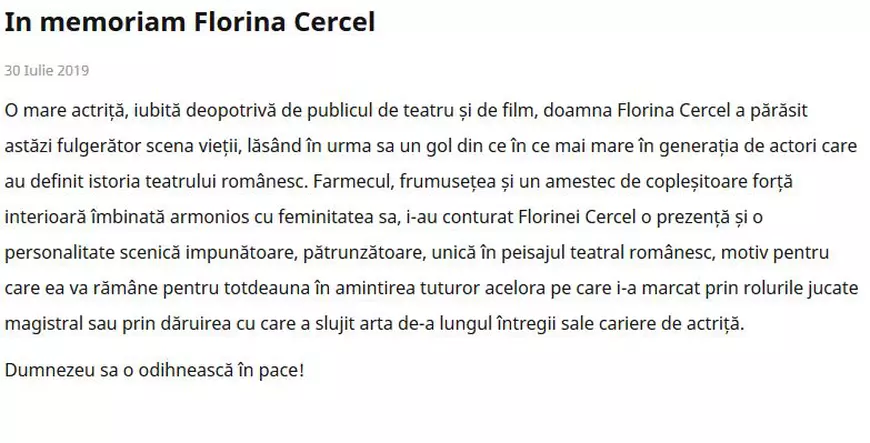 Mesajul Ministerului Culturii, după moartea actriței Florina Cercel. "O prezenţă şi o personalitate scenică impunătoare, pătrunzătoare"
