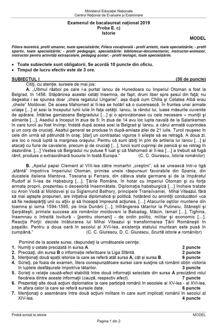 Model de subiect la Istorie la BAC - pag 1
