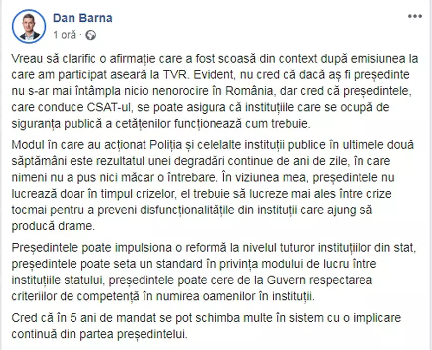 Dan Barna a făcut precizări despre declarația controversată: „A fost scoasă din context”