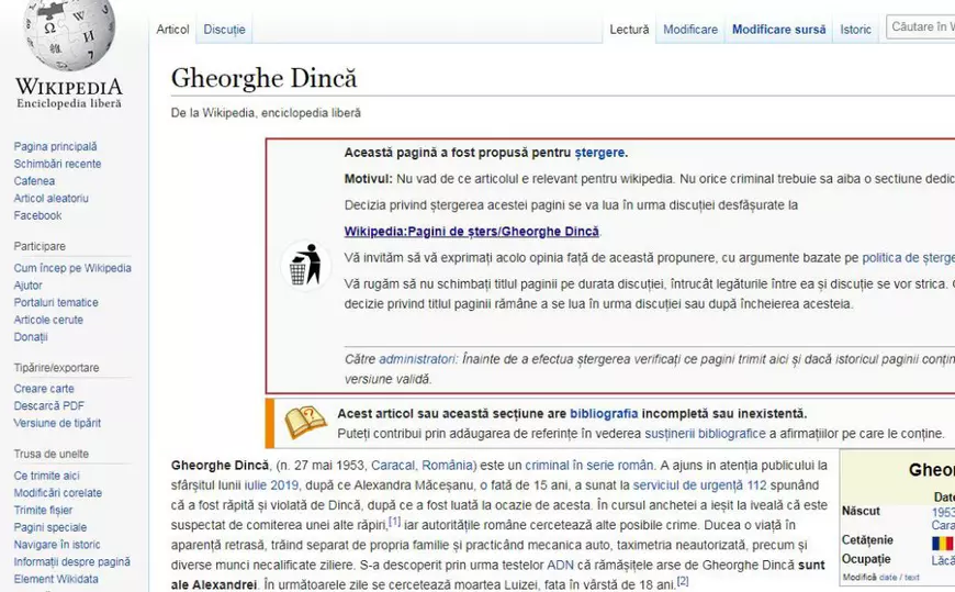 Gheorghe Dincă, pagină de "criminal român în serie" pe Wikipedia