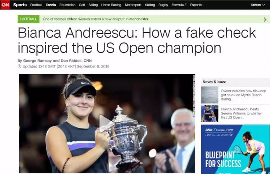 CNN: Cum a câștigat Bianca Andreescu US Open cu ajutorul unui cec fals