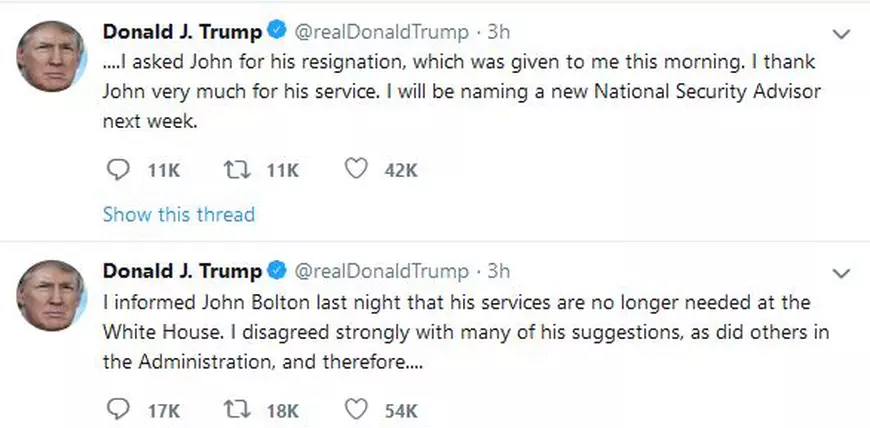 Donald Trump l-a demis pe consilierul său pentru securitate naţională, John Bolton, invocând ''puternice dezacorduri'' faţă de ''multe dintre sugestiile sale''