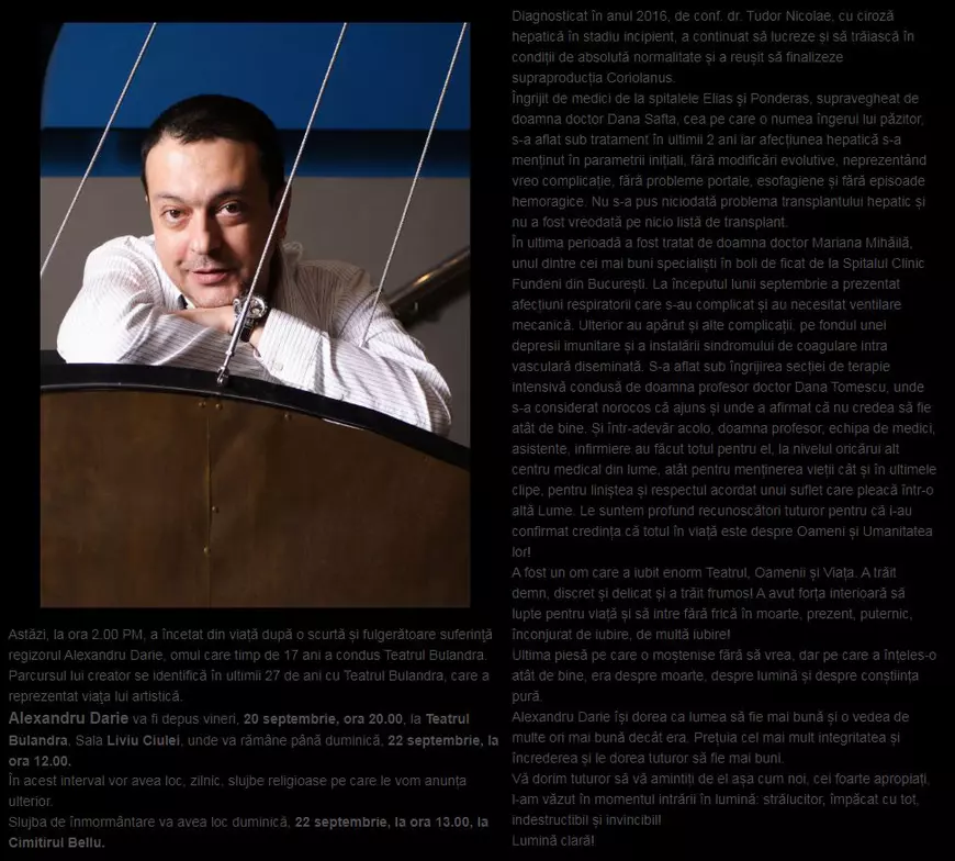 Teatrul Bulandra infirmă că Alexandru Darie se afla pe lista de transplant: „Nu s-a pus niciodată problema transplantului hepatic”