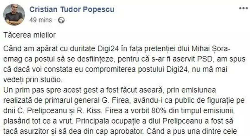 CTP amenință că rupe colaborarea cu Digi24: ”Încă una-două din astea și nu ne mai vedem decât pe Republica și Facebook”