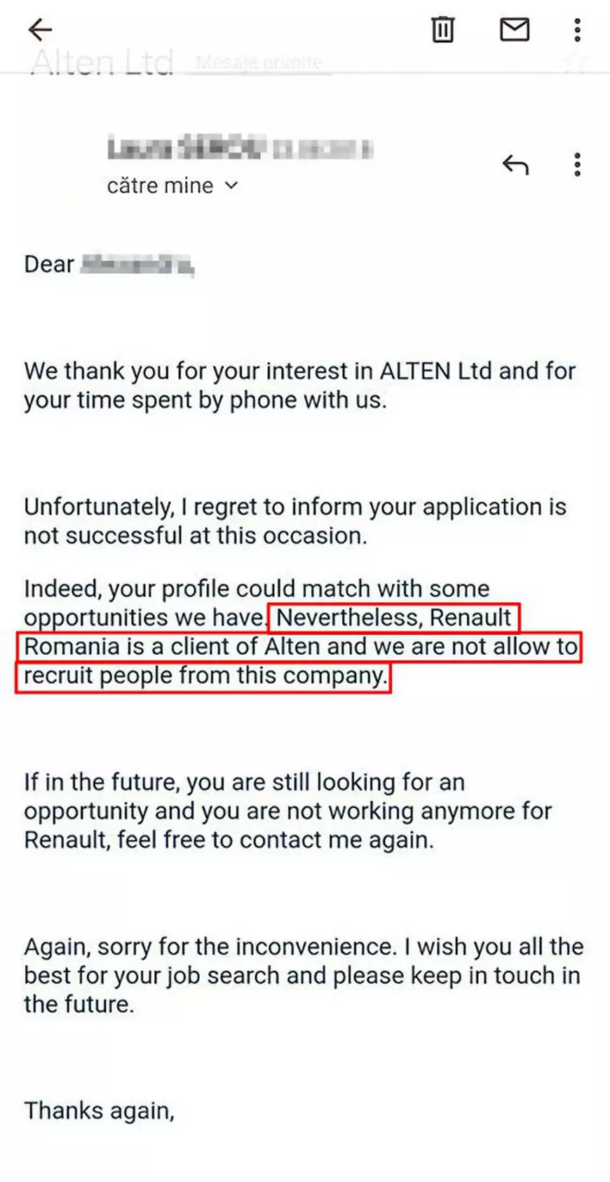 Intelegerea dintre Renault și subcontractorii săi, prin care companiile se obligă să nu-și ia angajații de la una la alta, funcționează la nivel european. Email dovadă