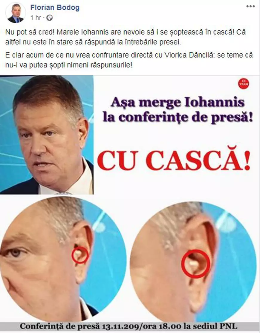 PSD distribuie o fotografie falsă în care îl acuză pe Iohannis că a purtat o cască în timpul conferinței