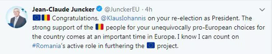 Juncker l-a felicitat pe Twitter pe Iohannis pentru realegere: ”Știu că pot conta pe România”