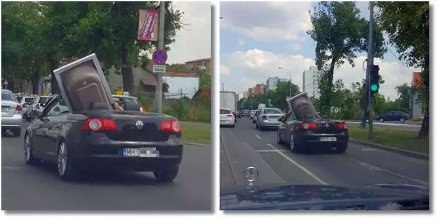 Frigider transportat cu decapotabila în Timișoara. Imaginea a devenit virală