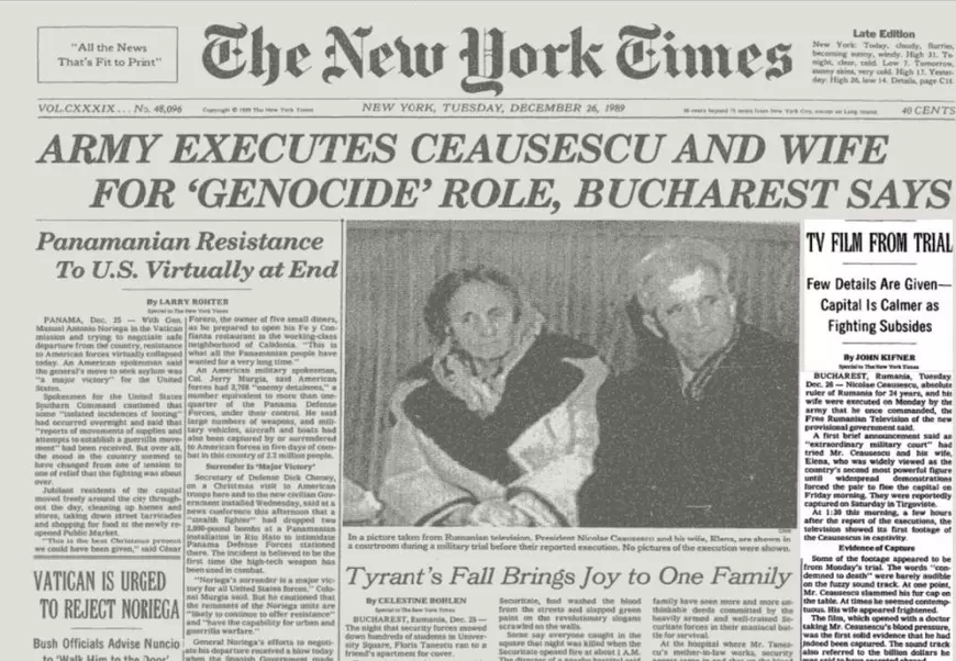 Execuția Ceaușeștilor, pe prima pagină a New York Times, acum 30 de ani: ”Nu se știe din ordinul cui au fost uciși”
