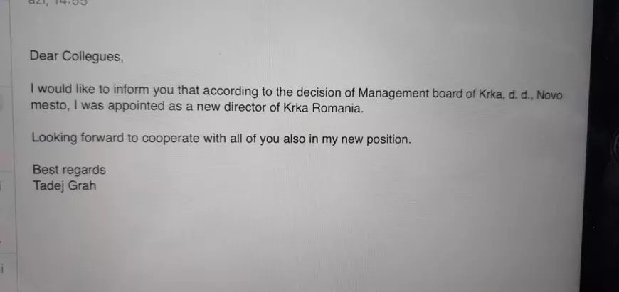 Mailul prin care angajații KRKA România sunt anunțați că Tadej Grah este noul director general