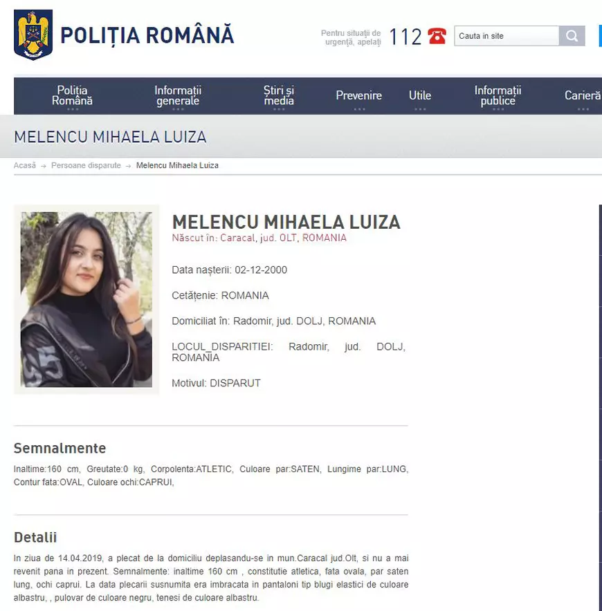 Luiza Melencu figurează ca persoană dispărută și există chiar și o greșeală în semnalmentele acesteia / foto: captură Poliția Română