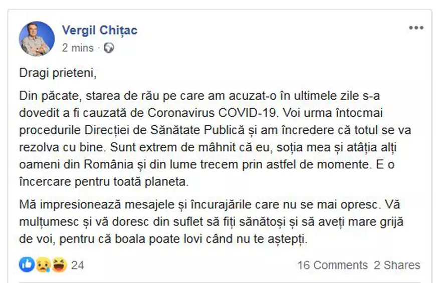 Senatorul Vergil Chițac, primul mesaj după ce a fost diagnosticat cu COVID-19. Ce scria ieri despre faptul că e suspect de coronavirus
