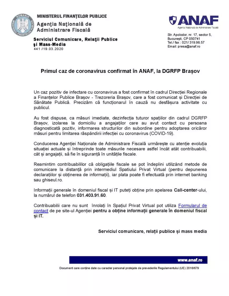 Un antreprenor a fost  amendat de ANAF pentru că nu a vrut să se expună pericolului de a fi infectat.  ”Solicitasem transmiterea întrebărilor prin poștă”