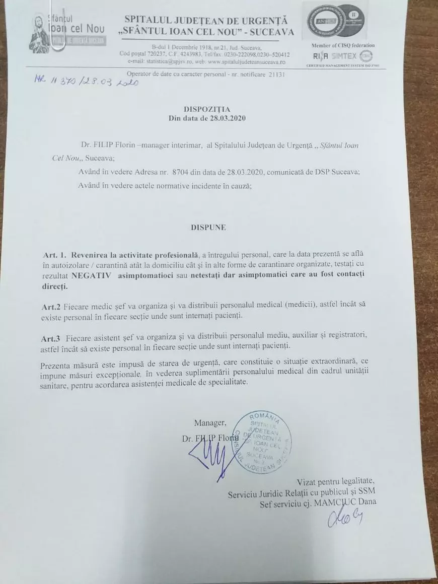 DOCUMENT OFICIAL | Spitalul din Suceava intră mai repede în Scenariul 4. Personalul medical netestat și asimptomatic chemat la muncă