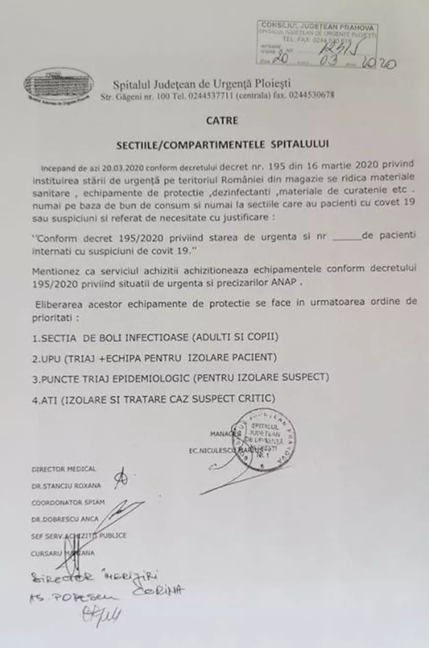 Documente interne despre COVID-19 din Spitalul Județean Ploiești. Medicii arată că doar o parte din ei au acces la echipamente de protecție