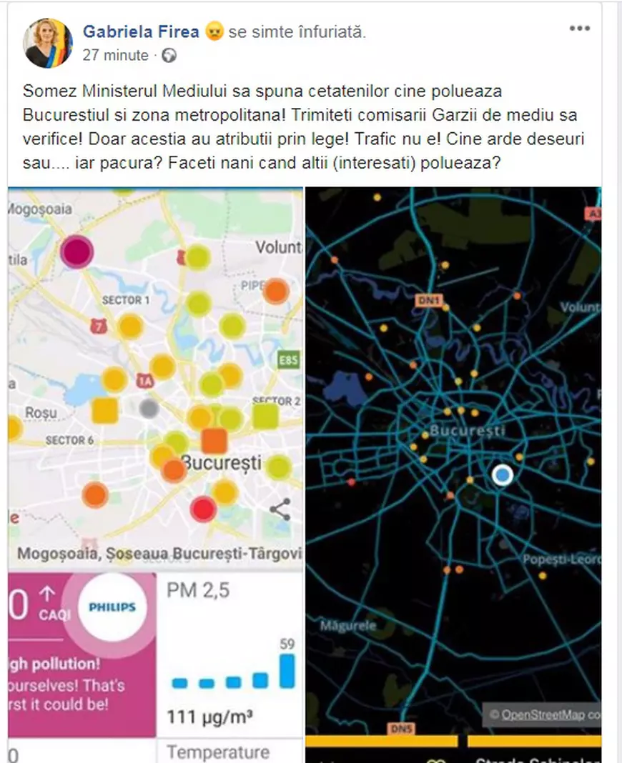 Poluare în Bucureşti. Gabriela Firea: "Somez Ministerul Mediului să spună cine poluează". Reacţia ministrului Costel Alexe