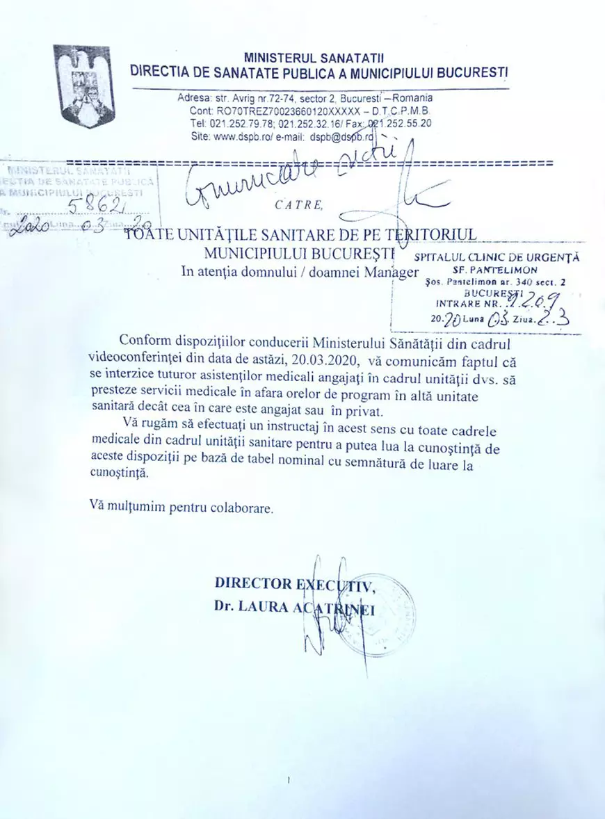 DOCUMENT. Directivă a Ministerului Sănătății din 20 martie: asistenții medicali au voie să mai lucreze doar la spitalul la care sunt angajați