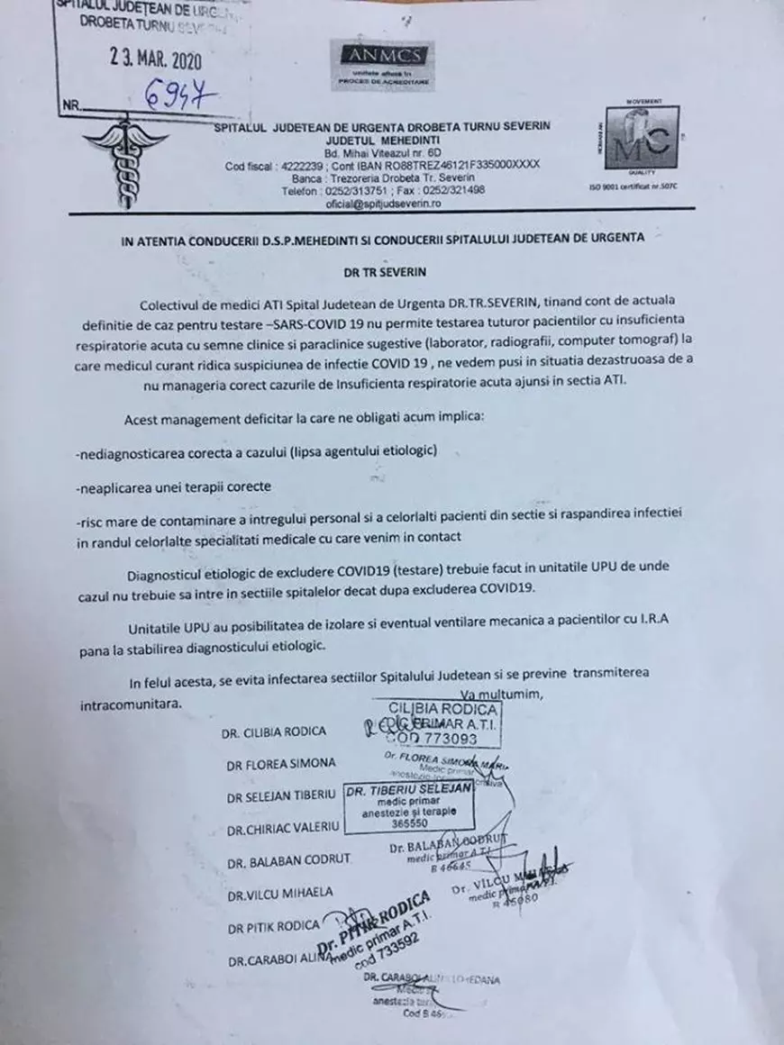 Mesajul medicilor ATI de la Spitalul Județean Drobeta Tr. Severin: ”Managementul deficitar riscă să îmbolnăvească tot spitalul de coronavirus”