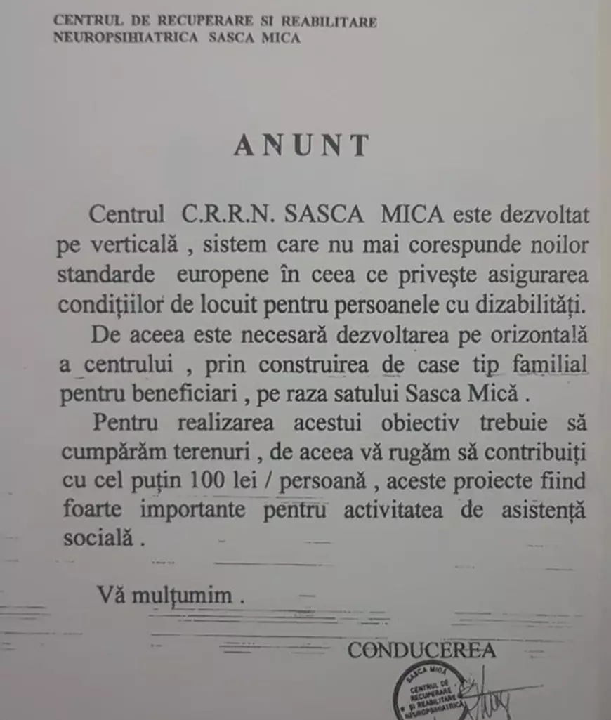 DOCUMENT. Directorul Centrului de Recuperare Neuropsihiatrică din Sasca Mică le cere angajaților câte 100 de lei pentru modernizare. ”Cine nu donează lunar zboară!”