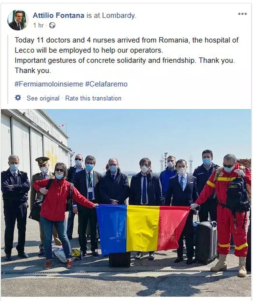 FOTO / VIDEO Medicii şi asistenţii medicali români voluntari au ajuns în Italia. Guvernatorul Lombardiei: "Mulţumesc! Mulţumesc!"