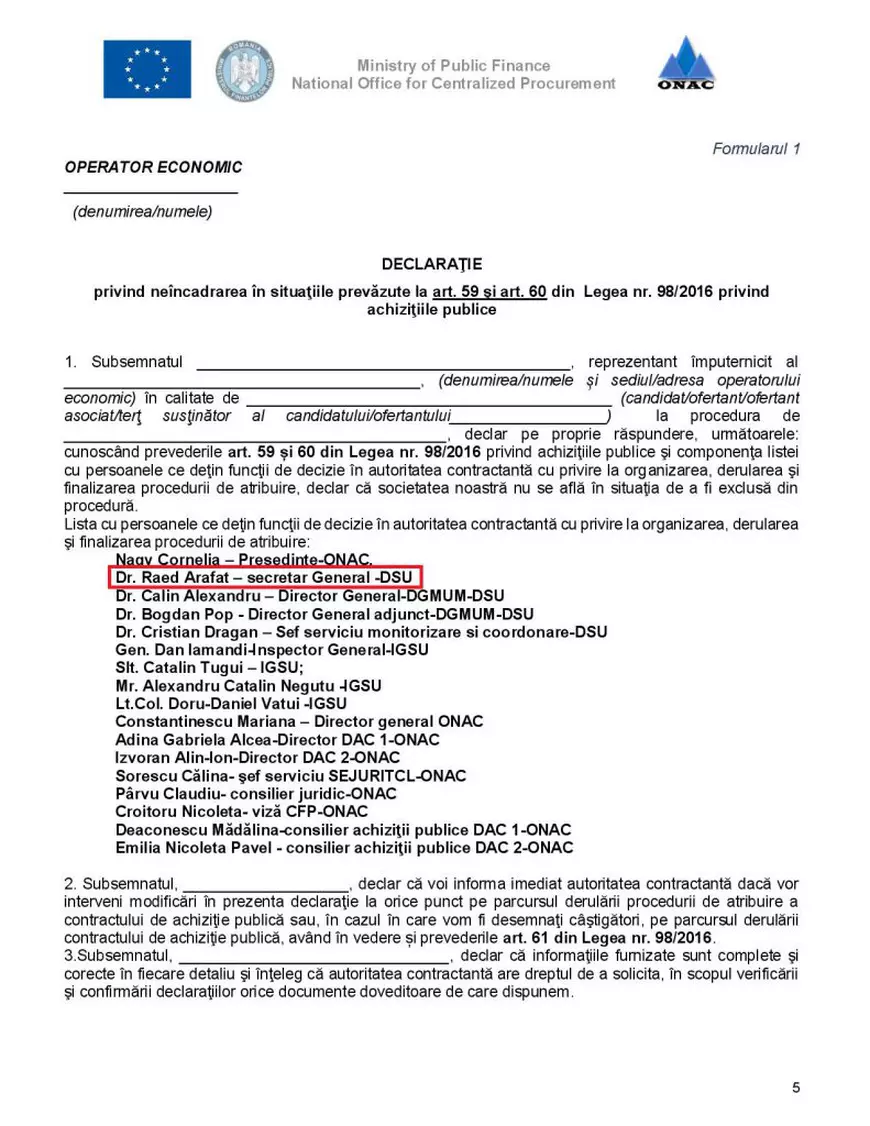 Numele lui Raed Arafat apare pe documentele de cumpărare de măști de protecție supraevaluate pentru COVID-19. El ceruse recent imunitate la achizițiile medicale