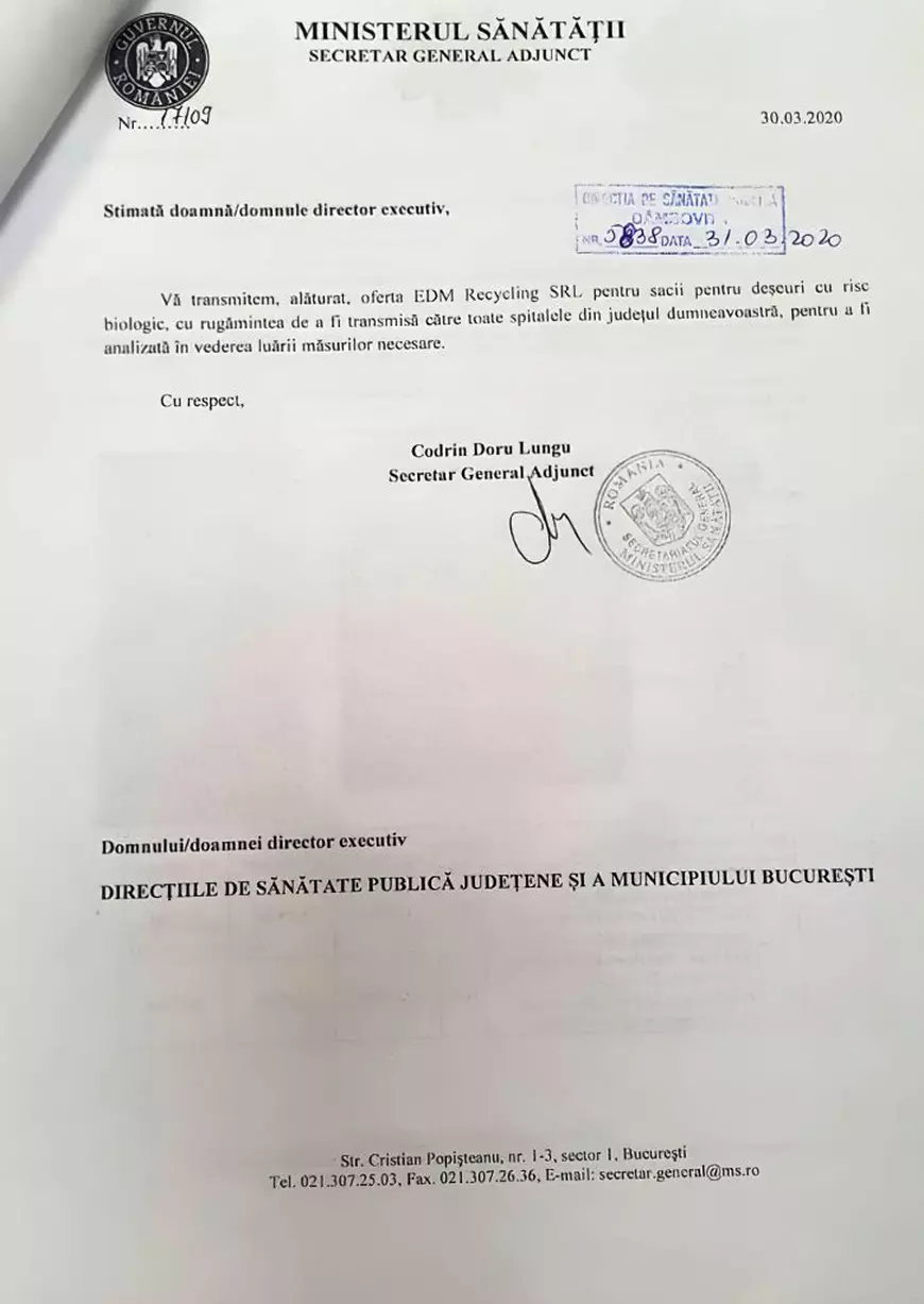 DOCUMENT: Ministerul Sănătății roagă printr-o circulară toate spitalele din țară să cumpere de la firma unui sârb saci pentru deșeurile COVID-19